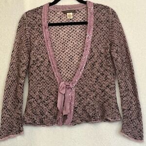 Sigrid Olsen Cardigan Knit Open Front Sequin Tie Closure Mohair Pink Lavender M